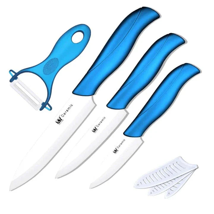Premium eco-friendly ceramic kitchen knife set with sharp zirconium oxide blades and ergonomic handles