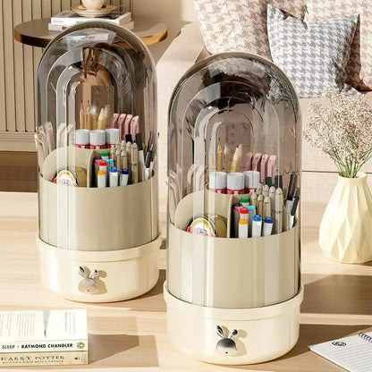 A 360-degree rotating makeup brush holder with a convenient drawer for storing brushes and other small makeup items