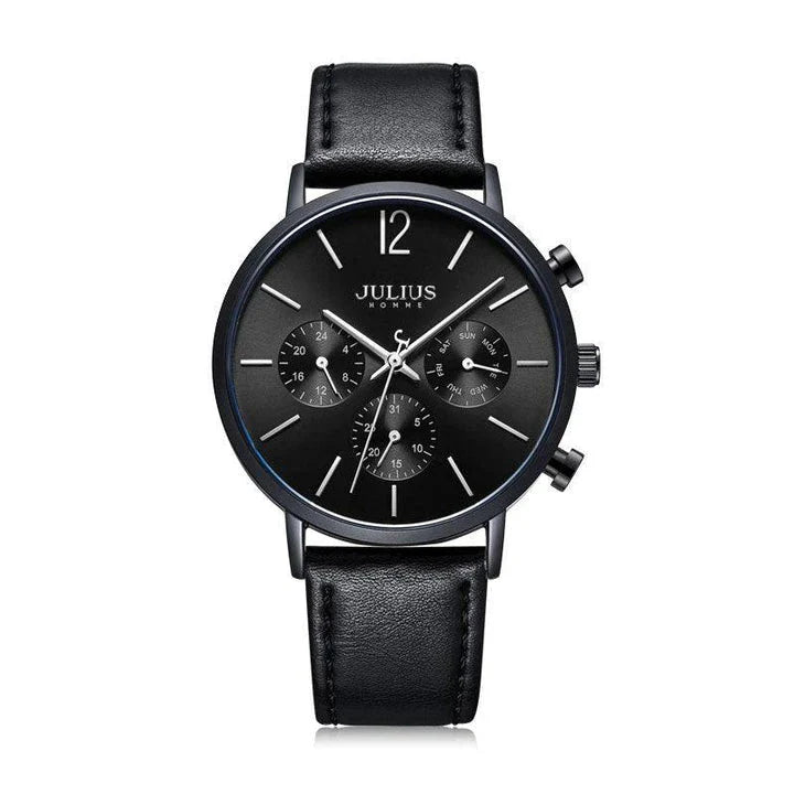 A sophisticated multi-function quartz watch with a sleek design, water-resistant construction, and versatile features.