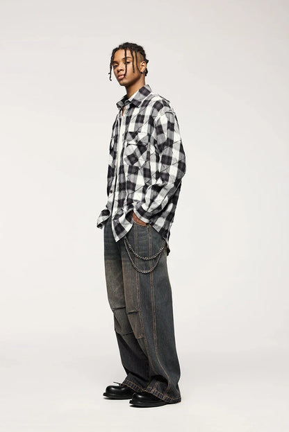 Men's relaxed fit retro straight-leg jeans in black, gray, and denim blue with vintage-inspired details