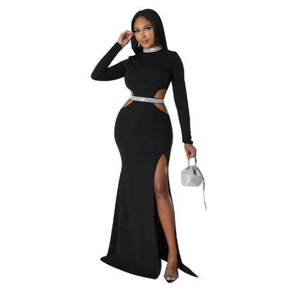 Stylish and flattering waist-accentuating split dress in solid colors, made from premium polyester fabric for comfort and versatility.