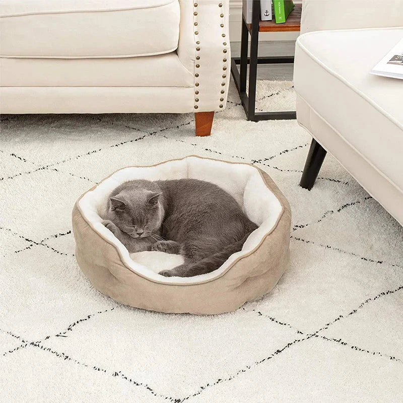 Cozy Round Small Pet Bed for Dogs and Cats - Plush Microfiber Fleece Lounger with Reversible Pillow and Non-Slip Bottom