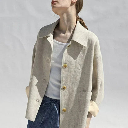 Elegant and comfortable cotton-linen autumn jacket for women with classic lapel collar and versatile design