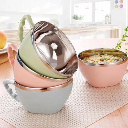 Colorful stainless steel mixing bowl with ergonomic handle, available in pink, green, and blue colors