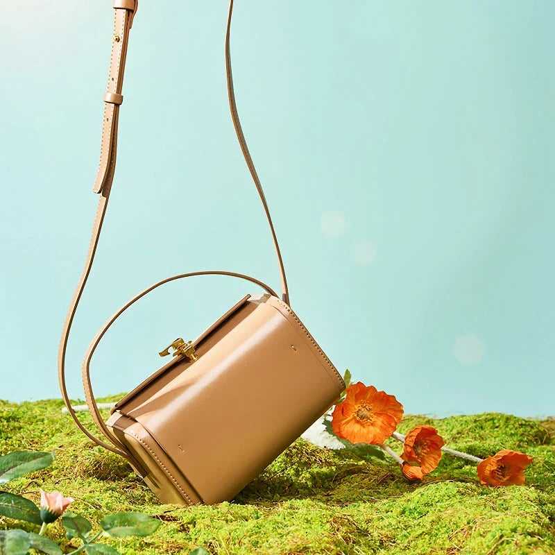 Luxury Genuine Leather Small Square Shoulder Bag in Black, Milk Apricot, Gray Blue, and Beige colors