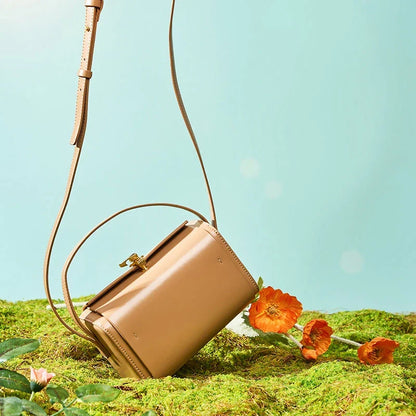 Luxury Genuine Leather Small Square Shoulder Bag in Black, Milk Apricot, Gray Blue, and Beige colors
