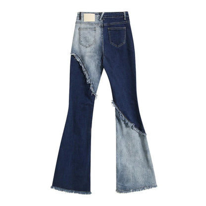 Geometric raw edge jeans with high-waisted, slimming design in blue denim