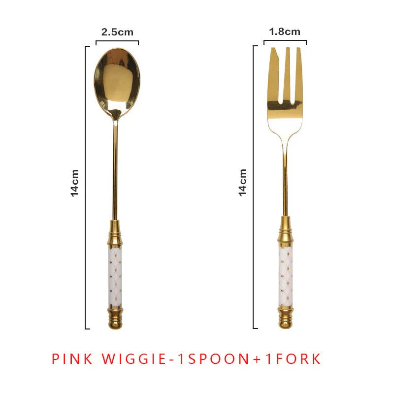 Elegant vintage gold and ceramic coffee, dessert fork and spoon set with hand-painted classical designs