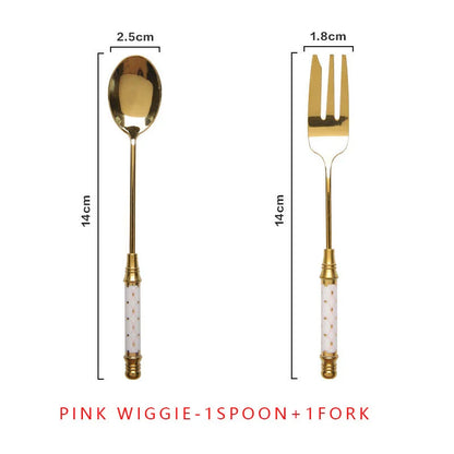 Elegant vintage gold and ceramic coffee, dessert fork and spoon set with hand-painted classical designs