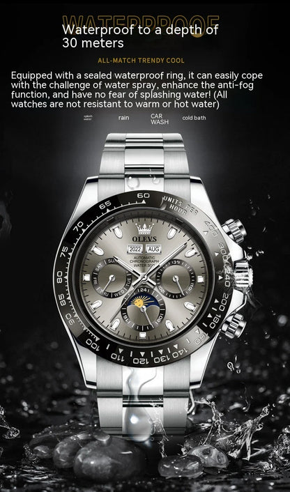 Elegant automatic men's watch with stainless steel case and adjustable bracelet, showcasing precise timekeeping and versatile design.