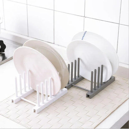 Versatile kitchen plate and lid organizer rack made of durable plastic with adjustable dividers for customizable storage