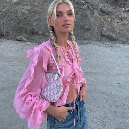 Cute heart-shaped bow tie blouse for girls in pink with ruffled v-neck and slim fit