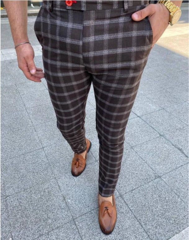 Men's Checked Casual Pants in Grey, Black, Blue, and Brown Colors