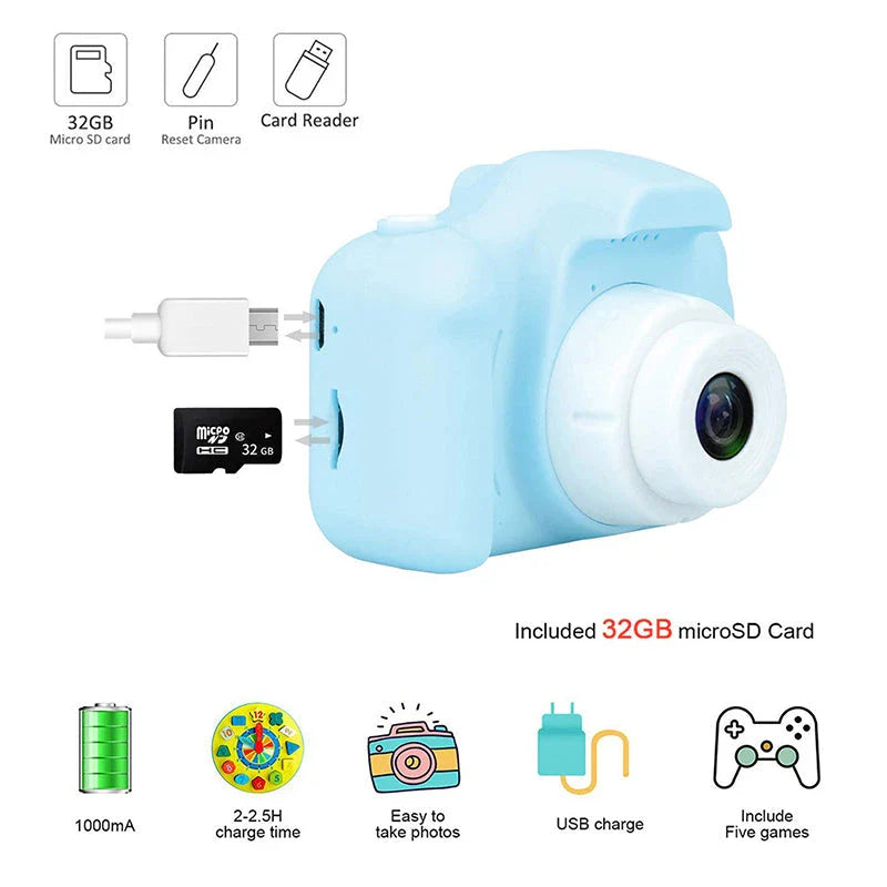 Kids mini HD digital video camera with 800W pixel sensor, 100-degree wide-angle lens, and 2.0-inch TFT screen