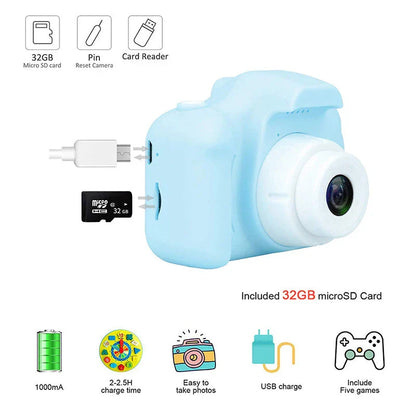 Kids mini HD digital video camera with 800W pixel sensor, 100-degree wide-angle lens, and 2.0-inch TFT screen