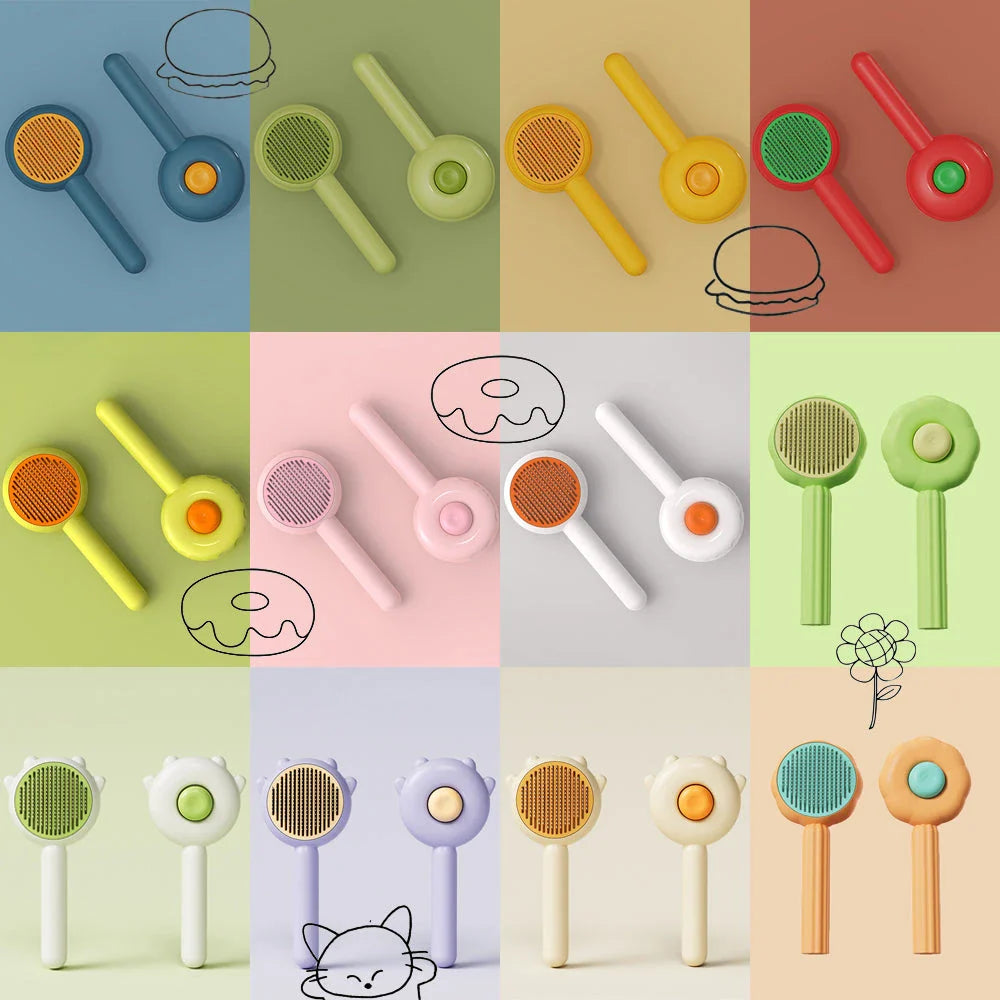 Hamburger-shaped cat brush comb with customizable grooming options to reduce shedding and hairballs for a cleaner home