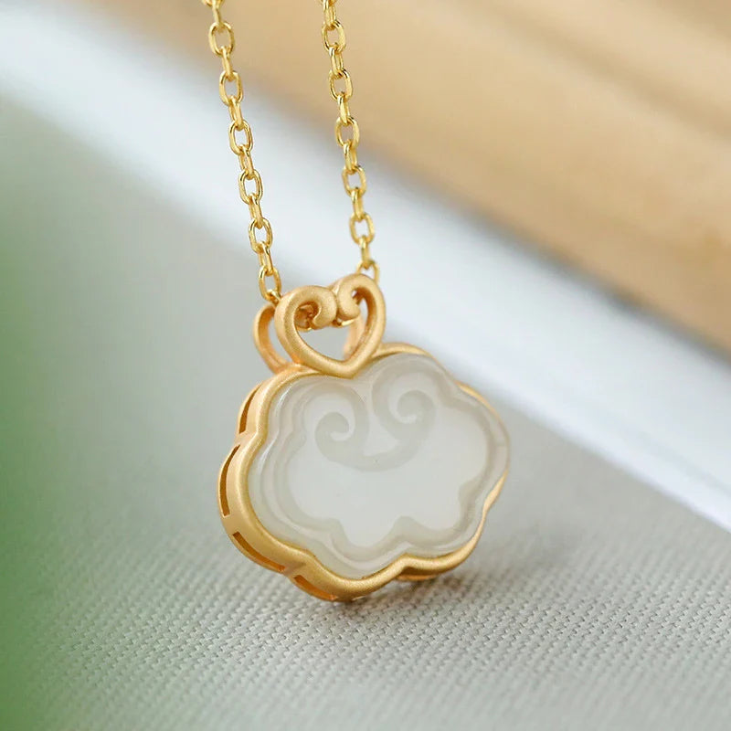 Elegant Hetian Jade Retro Pendant with Intricate Silver Inlay Design and Adjustable Cross-Chain