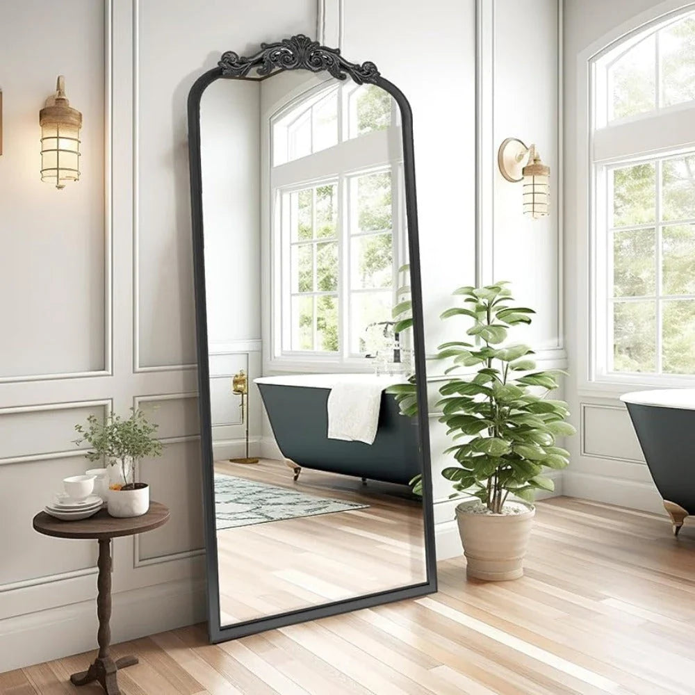 Elegant arch full-length wall mirror with a vintage-inspired ornate metal frame and high-definition glass for clear reflections