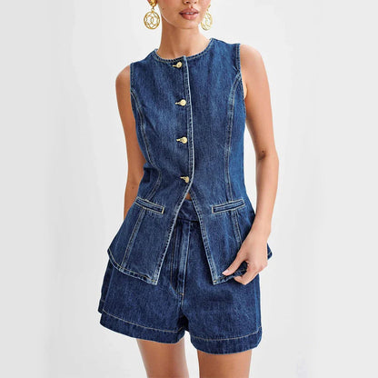 Sleeveless denim button-up top and high-waisted shorts set for women's summer fashion