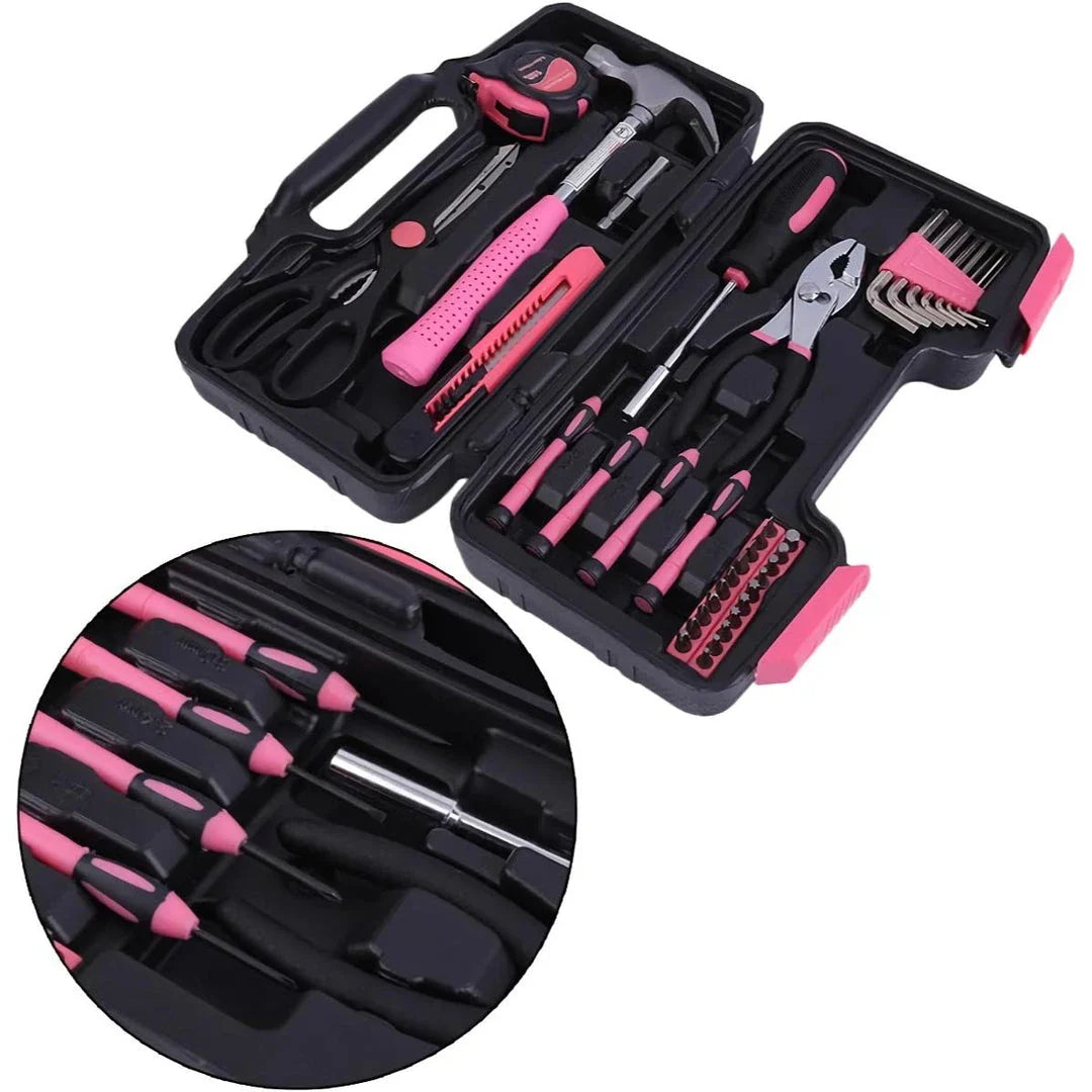 Versatile 39-Piece Pink Household Tool Kit with essential tools for home, office, and DIY projects