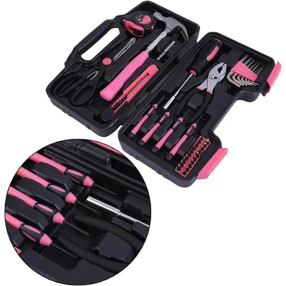 Versatile 39-Piece Pink Household Tool Kit with essential tools for home, office, and DIY projects