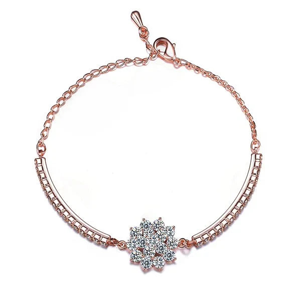 Elegant rose gold cubic zirconia bracelet with intricate cross, crown, and Roman numeral design