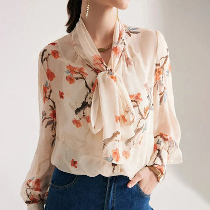Elegant floral silk blend bow collar blouse with puff sleeves for modern women