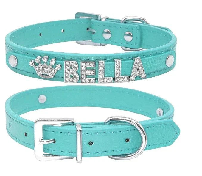 Elegant leather dog collar with shimmering crystal embellishments, perfect for adding a touch of luxury to your pup's style.