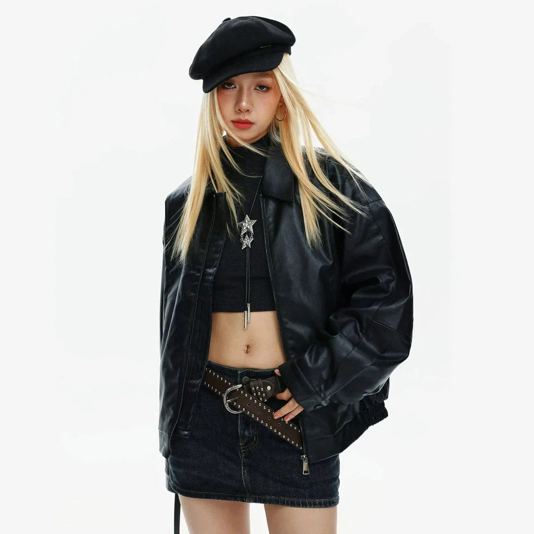 Edgy women's bomber jacket with zippered closure and turn-down collar, perfect for autumn and winter streetwear style