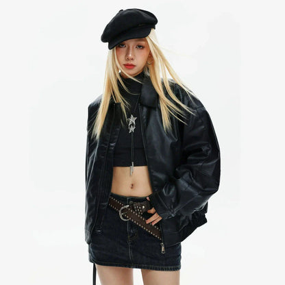 Edgy women's bomber jacket with zippered closure and turn-down collar, perfect for autumn and winter streetwear style