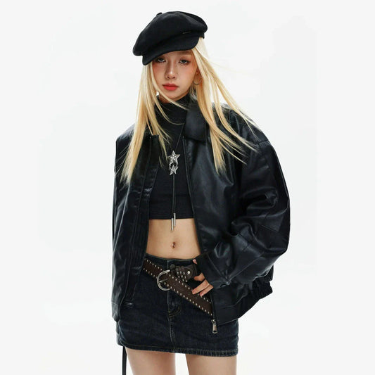 Edgy women's bomber jacket with zippered closure and turn-down collar, perfect for autumn and winter streetwear style