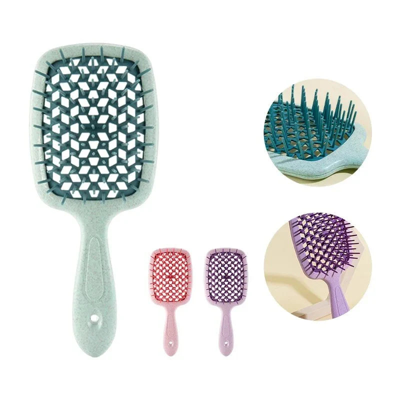 DetanglePro Air Cushion Hair Comb in purple, pink, and green colors for effortless hair detangling