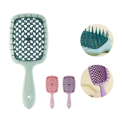 DetanglePro Air Cushion Hair Comb in purple, pink, and green colors for effortless hair detangling