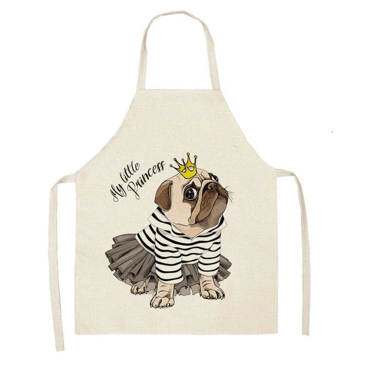 Charming pug-themed apron with a vibrant print, made of durable cotton and linen materials for practical kitchen use.