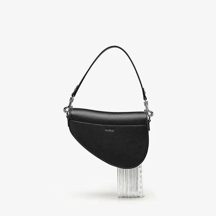 Premium leather crossbody saddle bag with stylish tassel detail, perfect for everyday use or formal occasions.