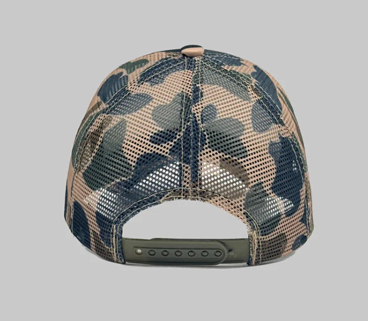Camo curved brim hat with embroidered 'Live For Feeling' slogan, adjustable size for all-day comfort and style