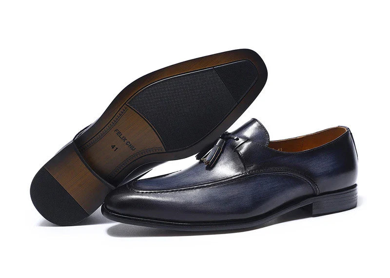 Premium casual leather loafers for men in black, brown, and blue colors with a sleek, low-profile design and durable rubber soles