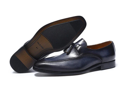 Premium casual leather loafers for men in black, brown, and blue colors with a sleek, low-profile design and durable rubber soles