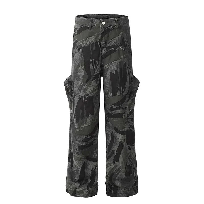 Graffiti camouflage print straight-leg jeans with a high-waist design for a flattering, comfortable fit