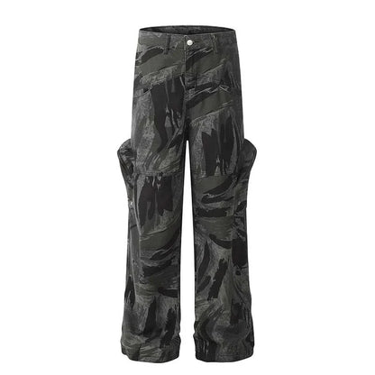 Graffiti camouflage print straight-leg jeans with a high-waist design for a flattering, comfortable fit