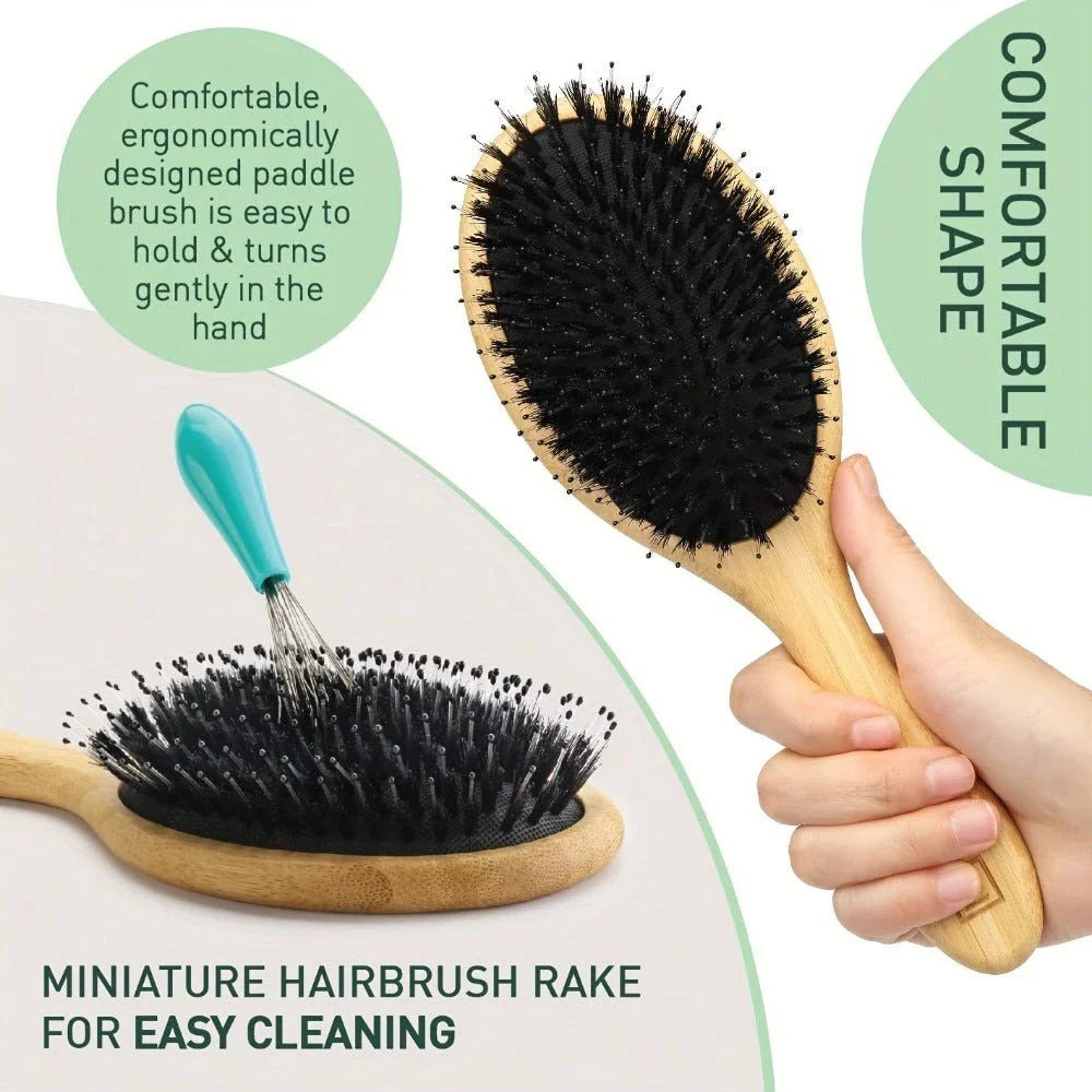 Natural Boar Bristle Hair Brush with Bamboo Handle for Detangling, Scalp Massage, and Frizz Control