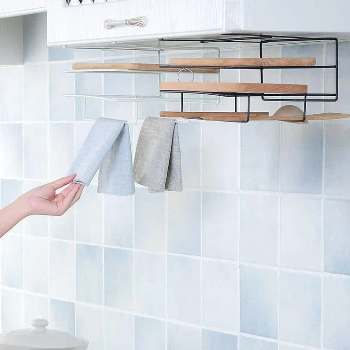 A modern 3-tier kitchen storage rack made of wood and metal, providing organized storage for kitchen essentials.
