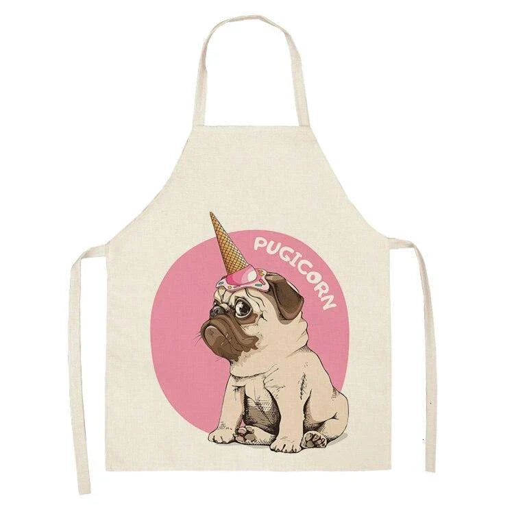 Charming pug-themed apron with a vibrant print, made of durable cotton and linen materials for practical kitchen use.