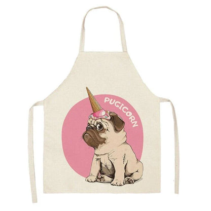 Charming pug-themed apron with a vibrant print, made of durable cotton and linen materials for practical kitchen use.