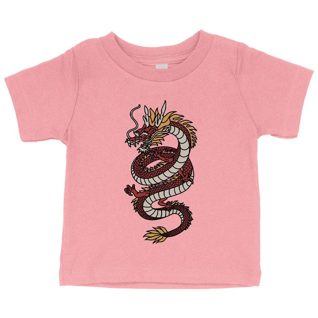 Adorable baby wearing soft and flexible Chinese dragon t-shirt in pink color