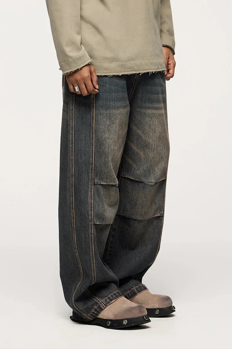 Men's relaxed fit retro straight-leg jeans in black, gray, and denim blue with vintage-inspired details