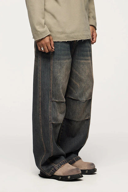 Men's relaxed fit retro straight-leg jeans in black, gray, and denim blue with vintage-inspired details