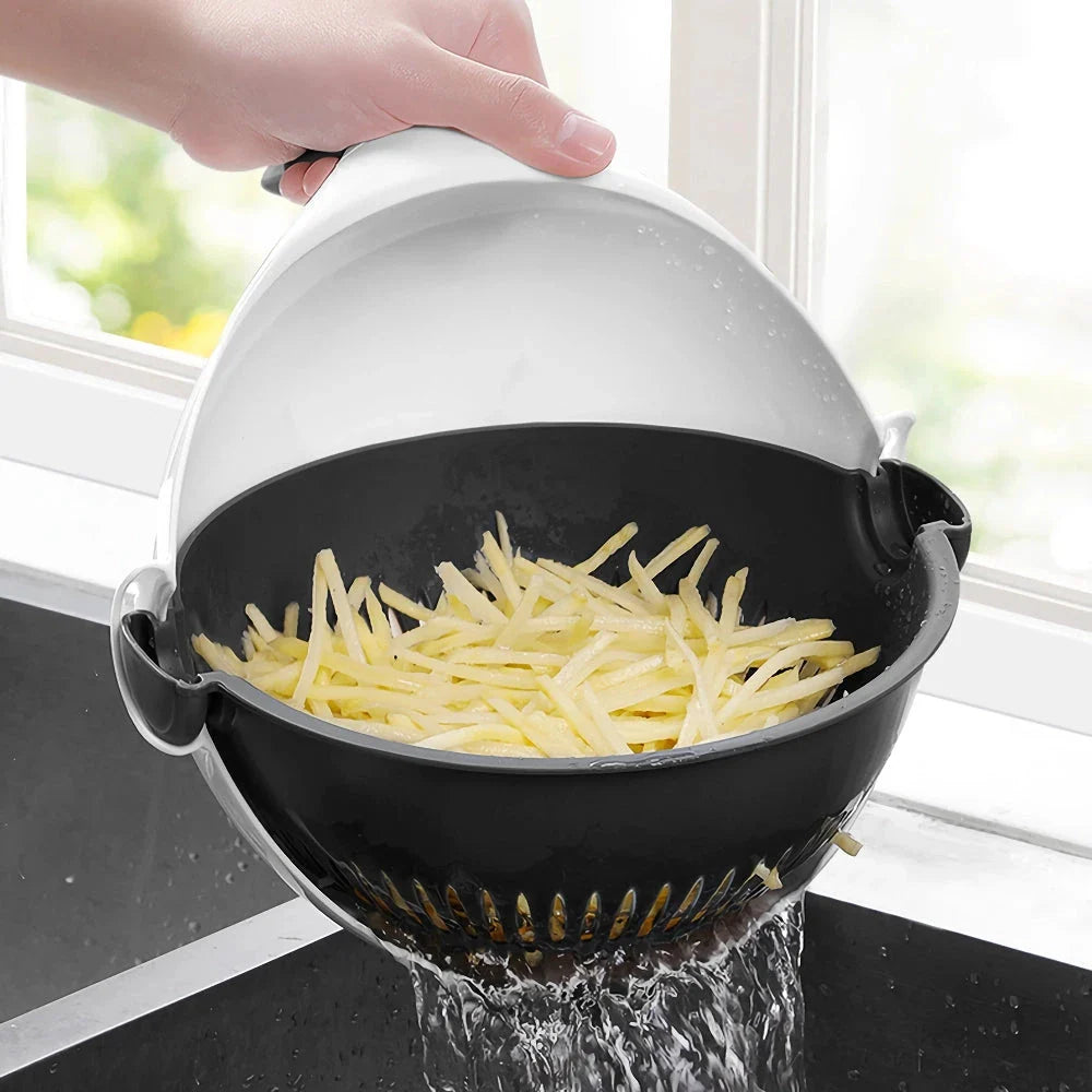 Multifunctional 2-in-1 Vegetable Slicer and Fruit Strainer with slicing disc, grater, and spiralizing accessories