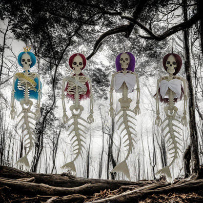 Mermaid bone pendant in various colors, including brown, dark purple, burgundy, and lake blue, hanging outdoors for Halloween decoration
