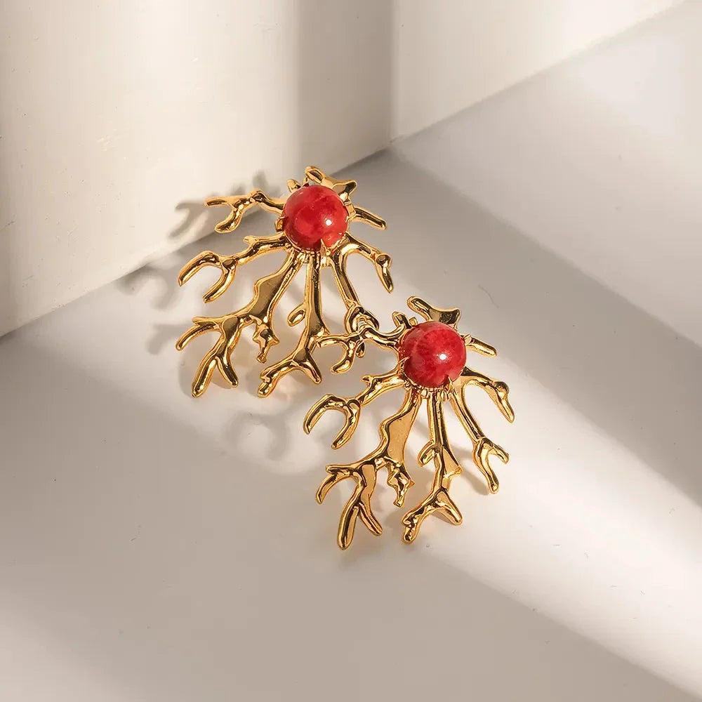Exquisite 18K gold plated coral-shaped earrings with a unique and elegant design